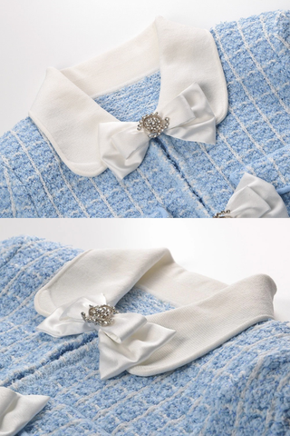 Elegant Long Sleeve Tweed Mini Dress with Bow Detail & Peter Pan Collar