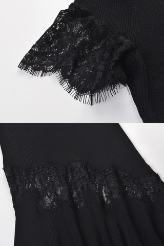Ribbed Knit Scoop Neck Short Sleeve Long Dress with Lace Trim & Flared Hem