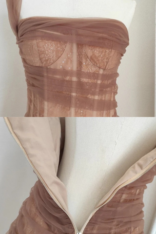 One-Shoulder Lace Long Dress with Tulle Draping