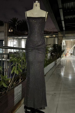 Hot Diamond Sparkle Bodycon Long Dress with Sculpted Pleats and Backless Cut