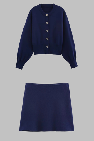 Knitted Two-Piece Set with Balloon Sleeve Cardigan and Mini Skirt