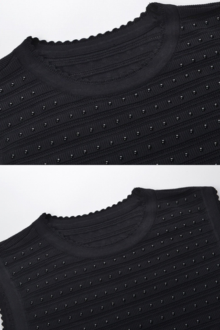 Ribbed Knit Midi Dress with Studded Waist Detail, Sleeveless Fit and Flared Hem