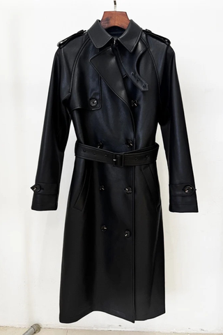 Long Sleeve Double-Breasted Faux Leather Trench Coat with Belt