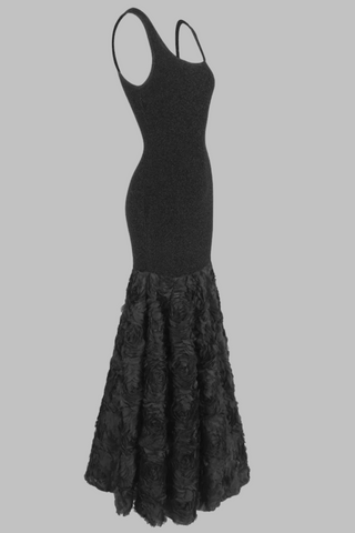 Glamorous Black Mermaid Long Dress Sleeveless Scoop Neck, Glitter Knit Bodice with 3D Rosette Feathered Skirt