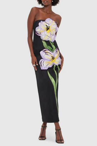 Strapless Floral Embroidered  Multicolor 3D Appliqué Slim Fit Long Dress