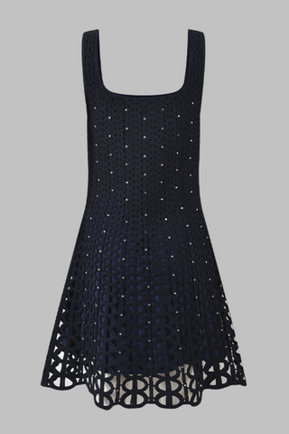 Navy Beaded Hollow Crochet Knit Mini Dress with Crystal Embellishments and Square Neckline