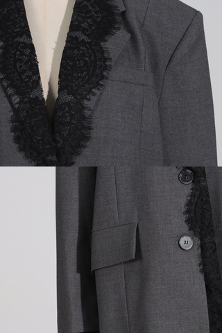Lace-Trimmed Oversized Blazer Dress with Structured Shoulders