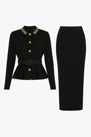 Embellished Collar Knit Top & Midi Skirt Set