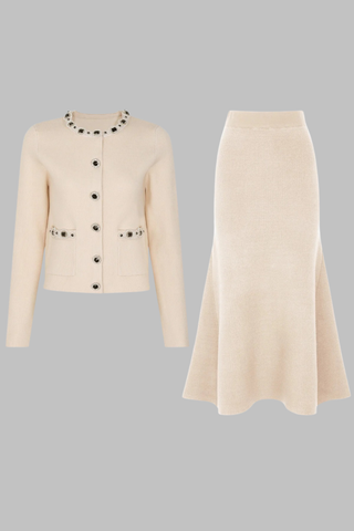 Embellished Pearl and Rhinestone Knit Cardigan with Matching Flared Midi Skirt Set
