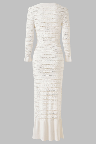 Long Sleeve Textured Knit Long Dress with Button Front & Rhinestone Embellishments