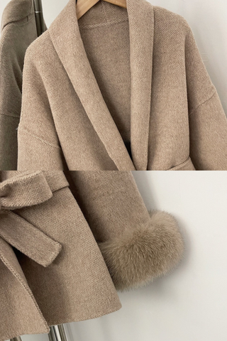 Belted Wool Wrap Coat with Faux Fur Cuffs and Shawl Collar