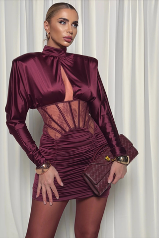 High-Neck Long Sleeve Corset Dress with Lace Panel & Ruched Skirt