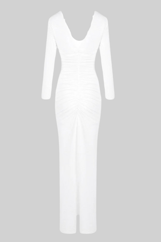 White Long-Sleeve Deep V-Neck Maxi Dress with 3D Floral Design