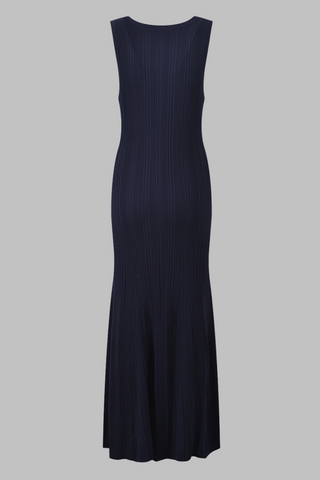 Elegant Navy U-Neck Sleeveless Ribbed Knit Long Dress with Gold Button Front & Flared Hem