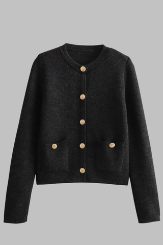 Knitted Cardigan with Gold Buttons and Front Pockets
