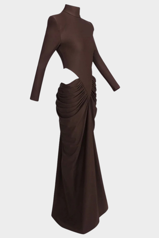 Long Sleeve High-Neck Stretch Long Dress – Side Cut-Out Ruched Design