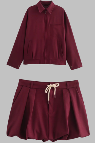 Burgundy Oversized Jacket and Bubble Skort Set