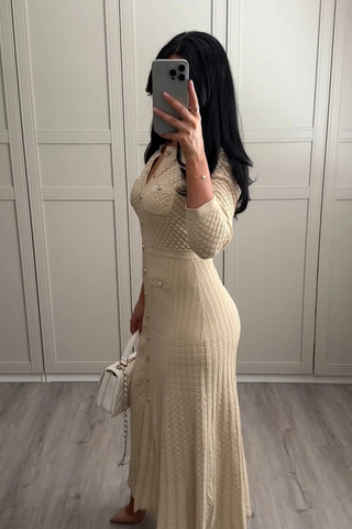 Shimmer Knit Mid-Long Dress with Three-Quarter Sleeves and Front Buttons