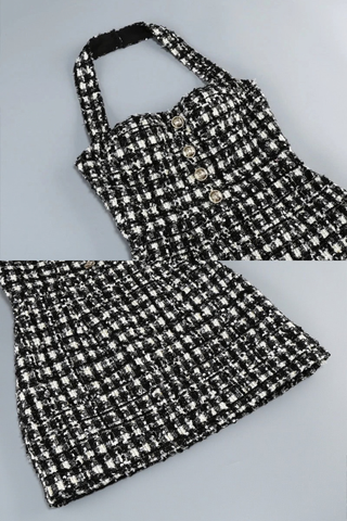 Tweed Halter Neck Button Mini Dress