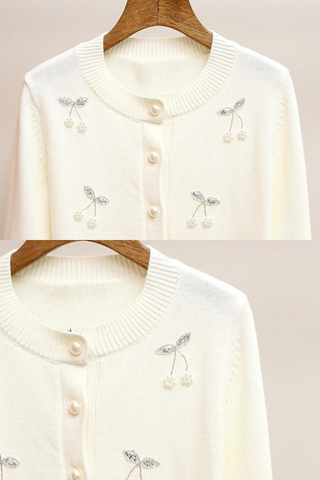 Embellished Cherry Knit Cardigan – Long Sleeve, Soft Stretch Knit