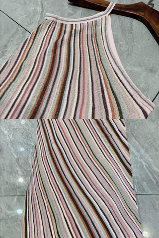 Metallic Striped One-Shoulder Knit Long Dress