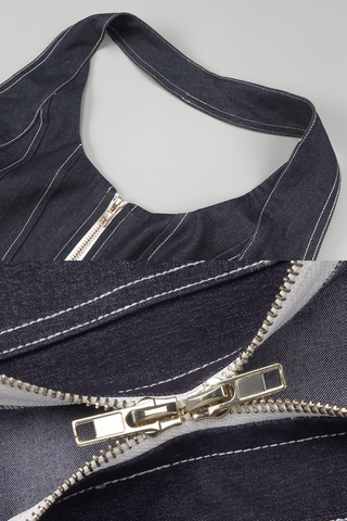 Halter Neck Denim Long Dress with Front Zip and Contour Stitching