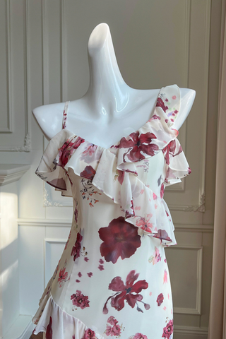 Rosé Cascade Floral Chiffon Sleeveless  Midi Dress