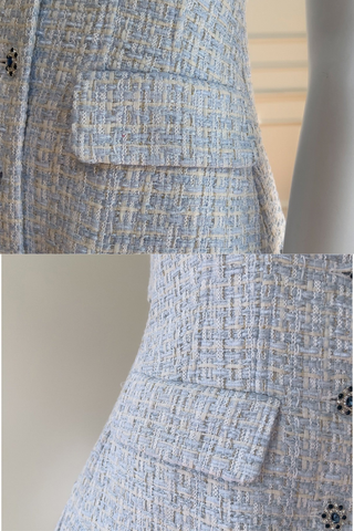 Structured Tweed Mini Dress – Short Sleeve, Pleated Skirt & Jewel Button Detail