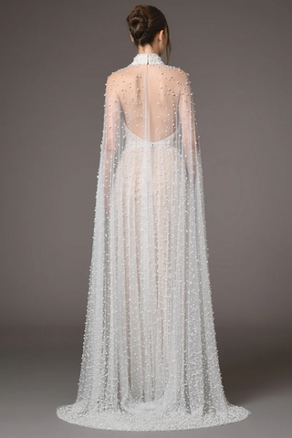 Heavy Pearl-Embroidered Mesh Tulle Long Dress with High Collar and Draped Cape