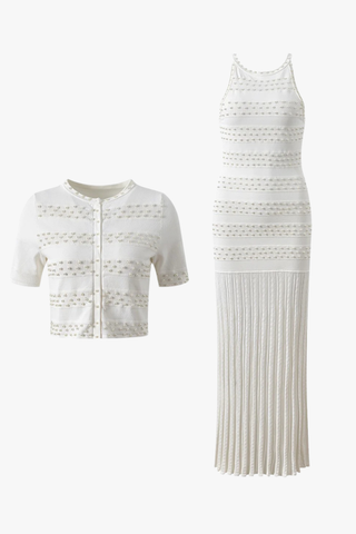 Pearl-Embellished Knit Long Dress – Sleeveless with Pleated Hem
