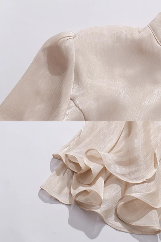 Draped Sheer Layered Dress with High Neck and Flared Cuffs