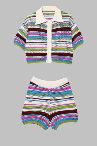 Striped Crochet Knit Two-Piece Set with Short Sleeve Button Top and High-Waist Shorts