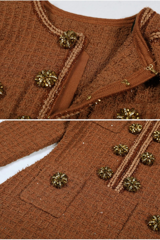 Embellished Tweed Long Sleeve Midi Dress with Jewel Buttons