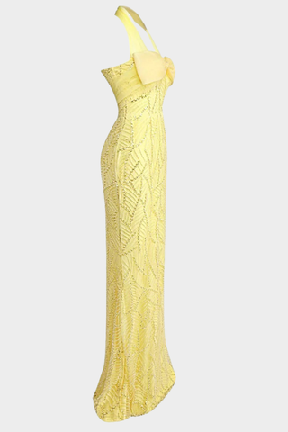 Sleeveless Halter Beaded Yellow Tulle Long Dress – Hand-Embellished Sequins & Pearls, Floor-Length Design