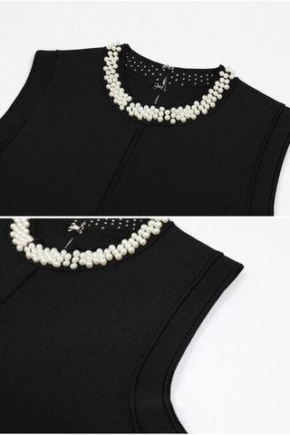 Sleeveless Black Mini Dress with Pearl Neckline and Ruffle Hem