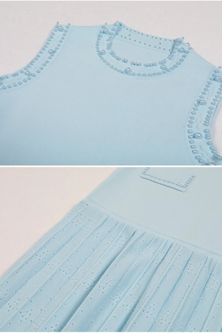 Sleeveless Knit Long Dress with Pearl Trim and Pleated Skirt