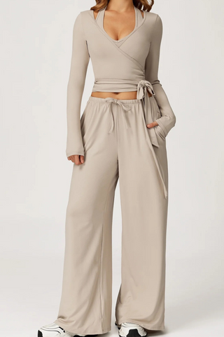 3-Piece Sport Wrap Lounge Set with Long Sleeve Crop Top, Halter Tank, and Wide-Leg Pants