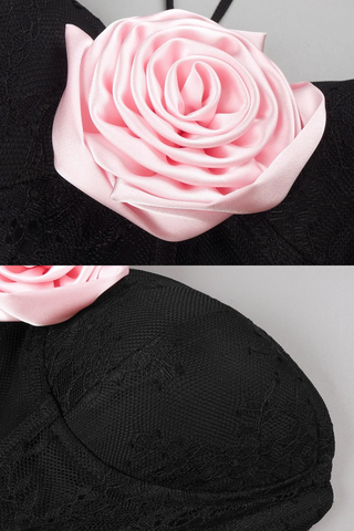 Strapless Lace Mermaid Long Dress with Ruffled Tiers and Pink Rose Detail