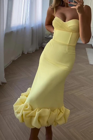 Yellow Sweetheart Neck Bandage Midi Dress with Ruffle Fishtail Hem