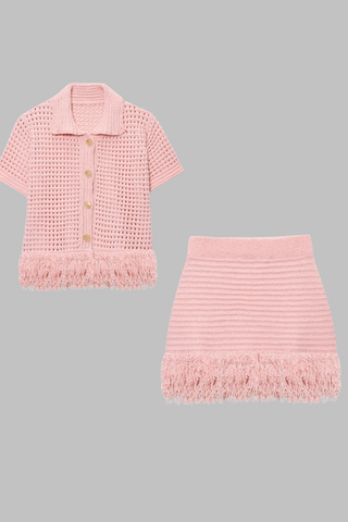 Fringe Hem Knit Set – Crochet Button-Up Top & Ribbed Mini Skirt