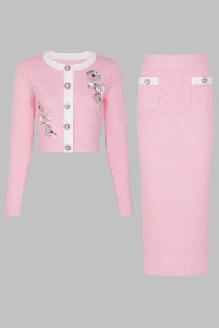Knitted Sequin Floral Embellished Cardigan and High-Waist Pencil Skirt Set