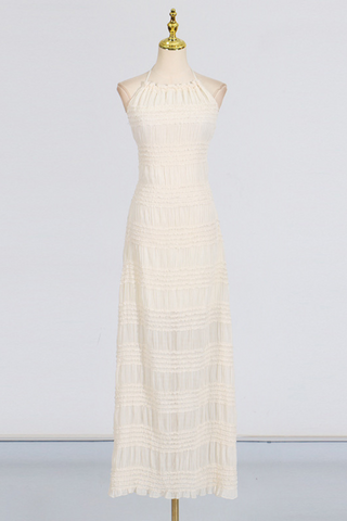 Beige Smocked Halter Long Dress with Sheer  Open Back