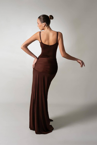 Mocha Draped Sleeveless Backless Long  with Double Straps & Thigh-High Slit