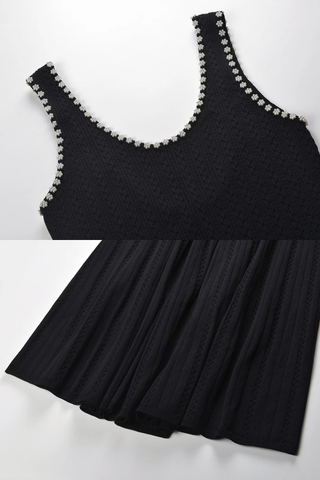 Pearl Trim Ribbed Knit Midi Dress with Sleeveless Cut and Flared Hem Design