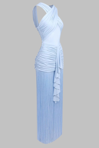Sleeveless Ruched Mesh Long Dress with Fringed Hem and Crisscross Draping