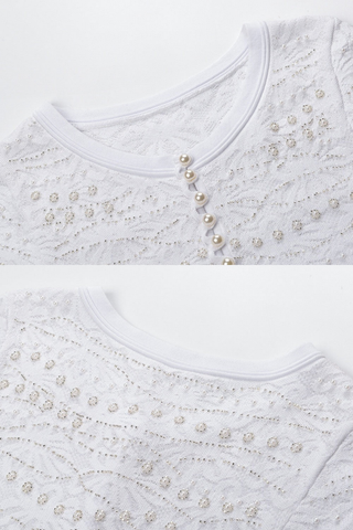 Pearl Embellished Knit Long Dress with Pleated Skirt – Short Sleeve