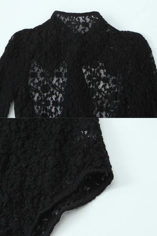 Black Floral Lace Long Sleeve Bodysuit with Satin Neck Bow