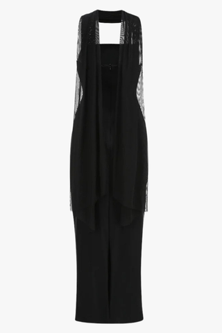 Strapless Ruched Slim Fit Long Dress with Mesh Scarf and Back Slit