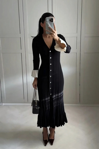 Ribbed Knit Mid-Long Dress with Contrast Pleated Cuffs and Button Front