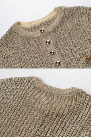 Metallic Knit Top – Long Sleeve Ribbed Design with Chain Belt